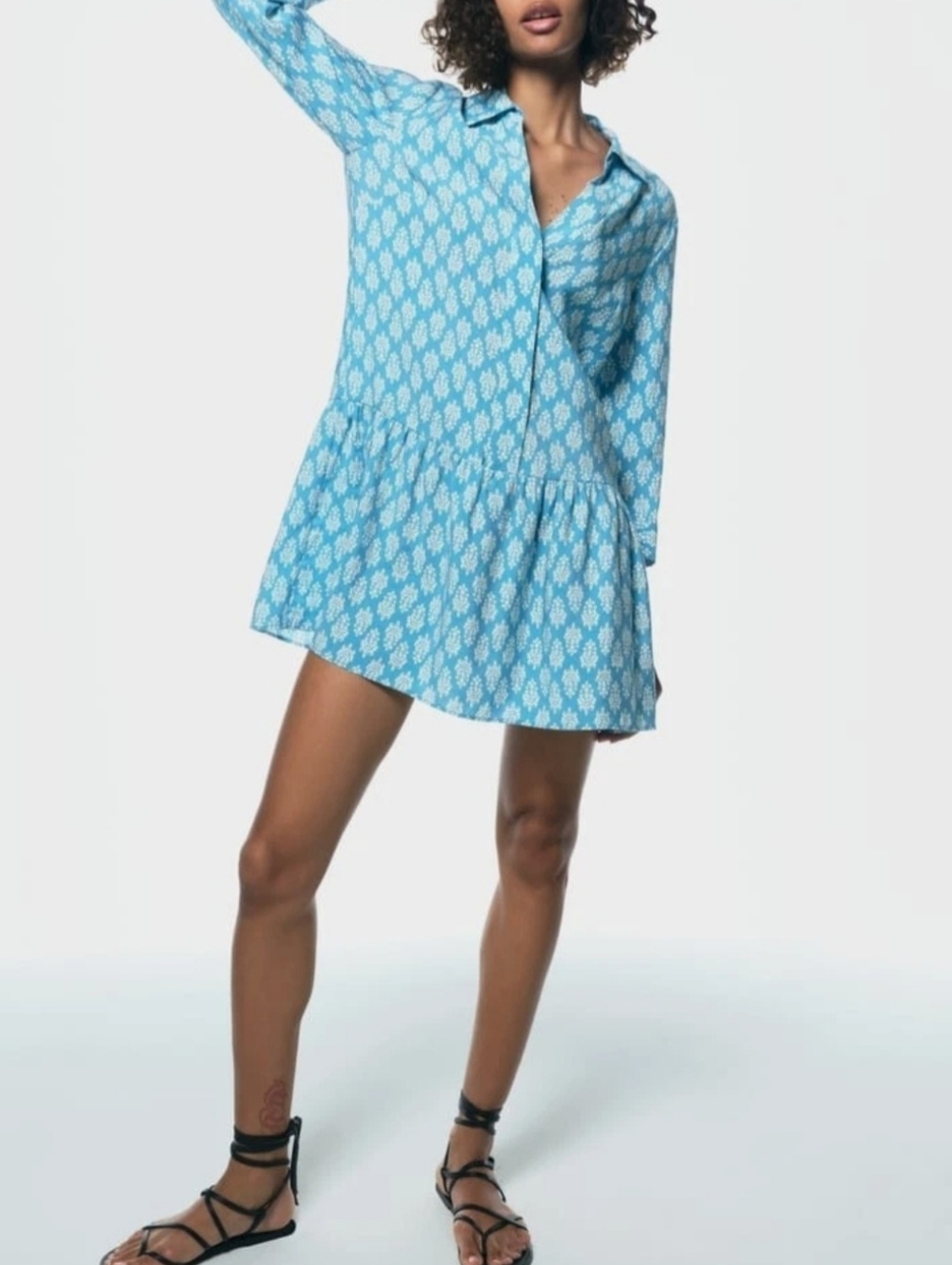 ZARA Blue & White Floral Print Short Shirt Dress With Ruffle Womens XL - Picture 11 of 12